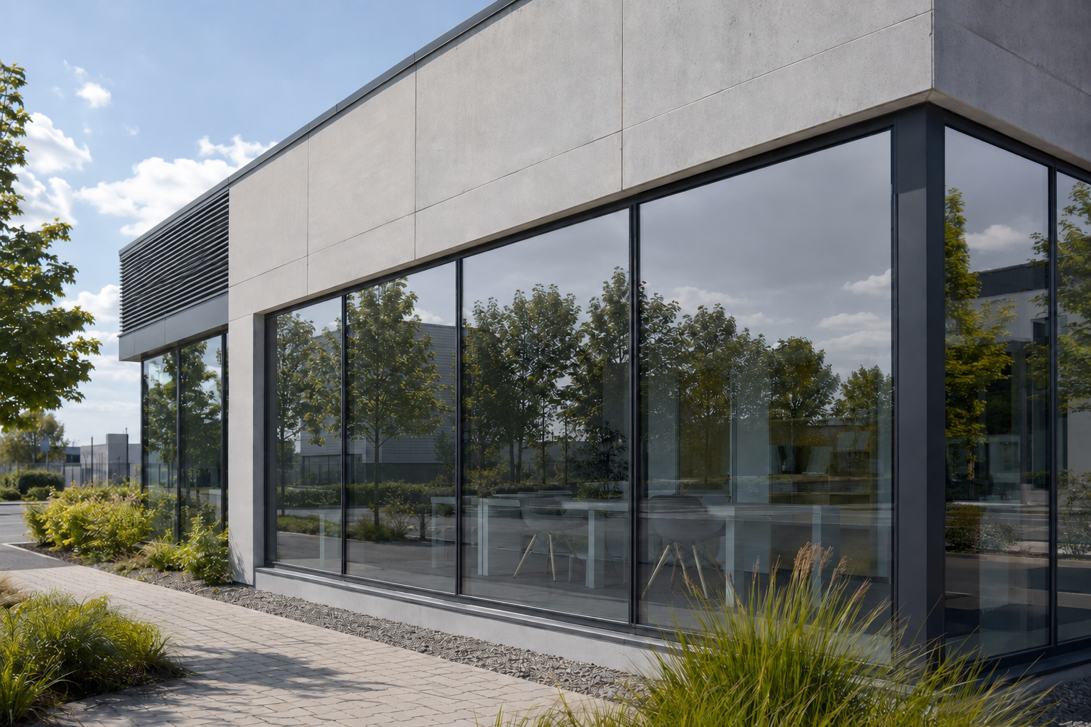 Façade vitrée réfléchissante illustrant la protection solaire et anti-UV