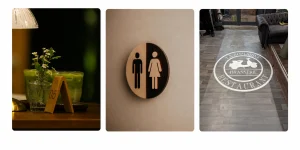 Illustration de repères de table, de sanitaires et de marquage au sol dans un restaurant
