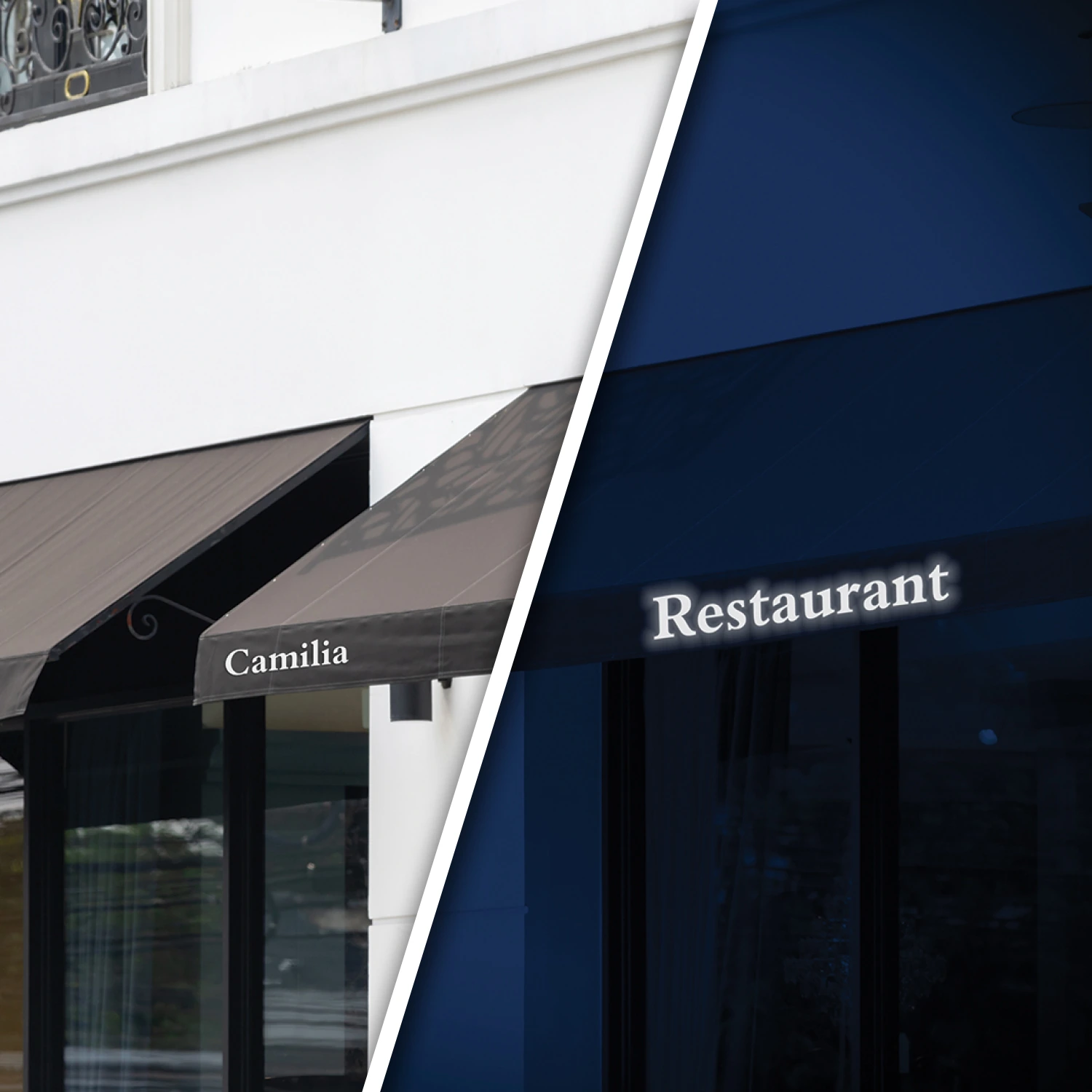 Illustration d’un store de restaurant avec un lambrequin personnalisé
