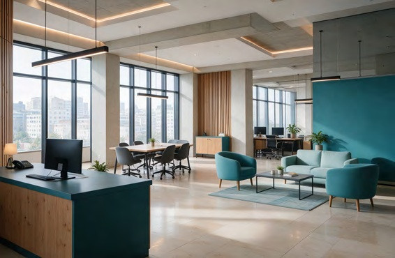 Ambiance de bureau aux finitions bois et turquoise — illustration Cover Styl